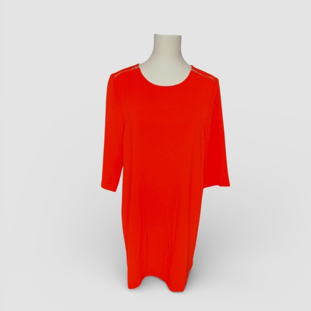 Umgee‎ USA Orange 3/4 Sleeve Pleated Back Zipper Shoulder Detail Dress Size L
